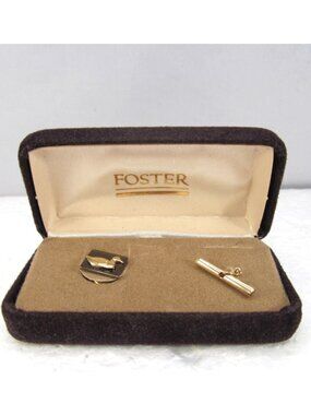 Foster Gold Tone Duck Tie Tack Vintage Black Background Chain Bar Velvet Box